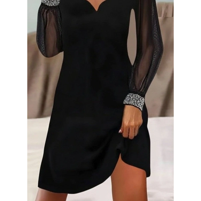 MARSiLYAN- Kadın Uzun Kollu V Yaka Lazer Kesimli Tül Detaylı Mini Ithal Krep Elbise