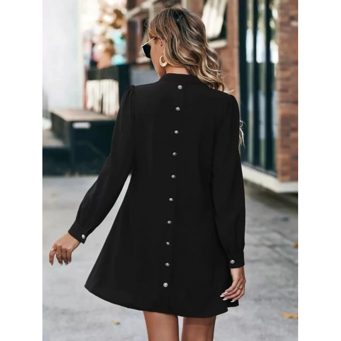 MARSiLYAN- Kadın Uzun Kollu V Yakalı Arkadan Düğmeli Mini Ithal Krep Elbise