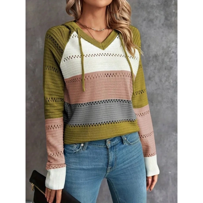 MARSiLYAN- Kadın Uzun Kollu V Yakalı Bağcıklı Kapşonlu Triko Bluz