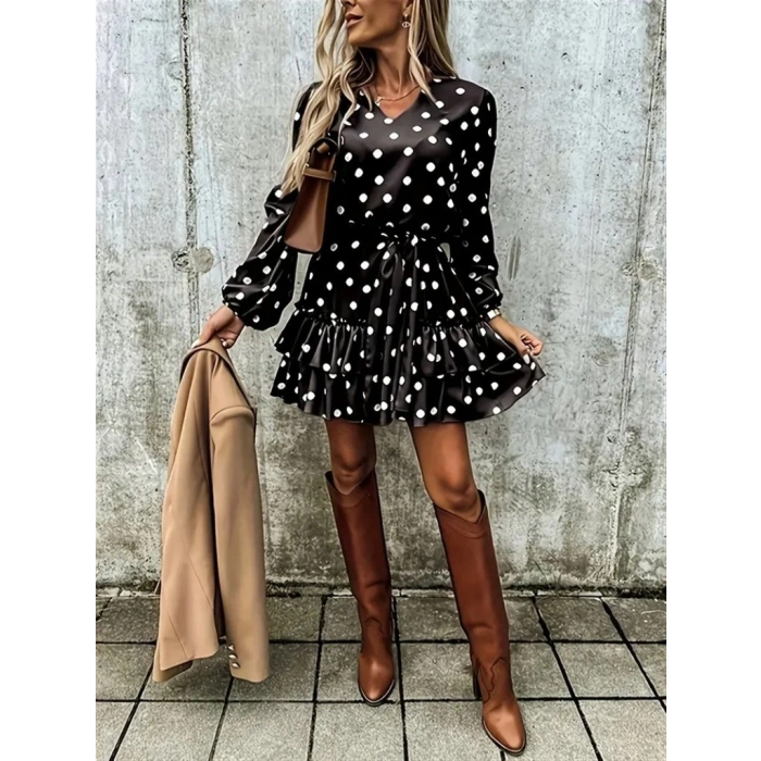 MARSiLYAN- Kadın Uzun Kollu V Yakalı Belden Kuşaklı Puantiyeli Mini Modal Elbise