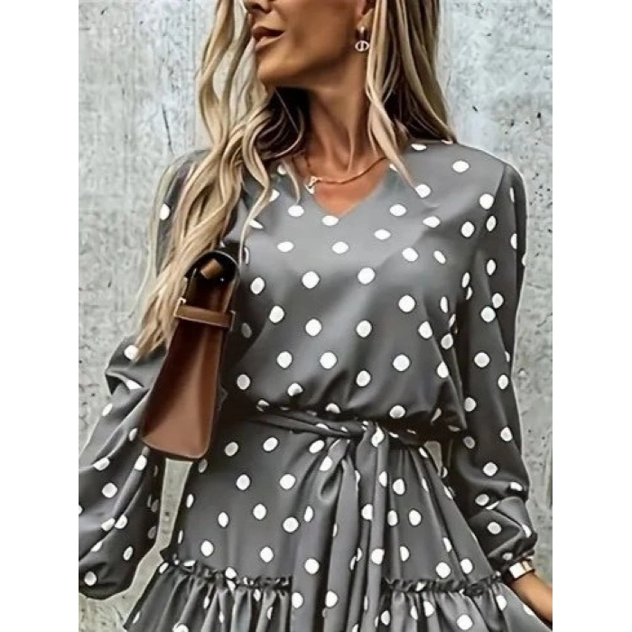 MARSiLYAN- Kadın Uzun Kollu V Yakalı Belden Kuşaklı Puantiyeli Mini Modal Elbise