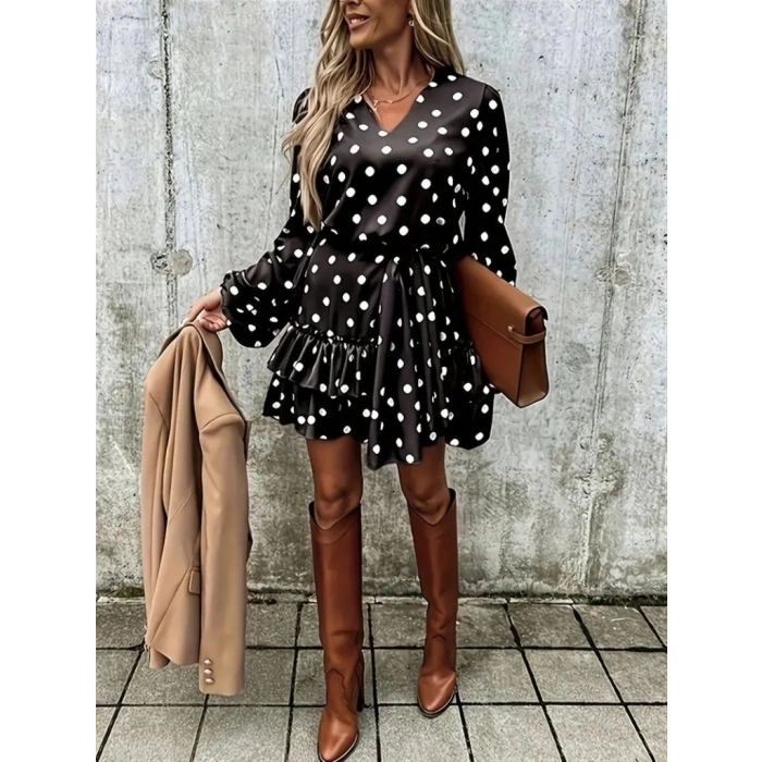 MARSiLYAN- Kadın Uzun Kollu V Yakalı Belden Kuşaklı Puantiyeli Mini Modal Elbise
