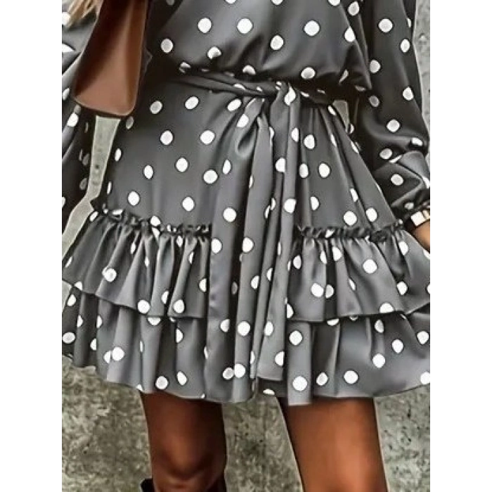 MARSiLYAN- Kadın Uzun Kollu V Yakalı Belden Kuşaklı Puantiyeli Mini Modal Elbise