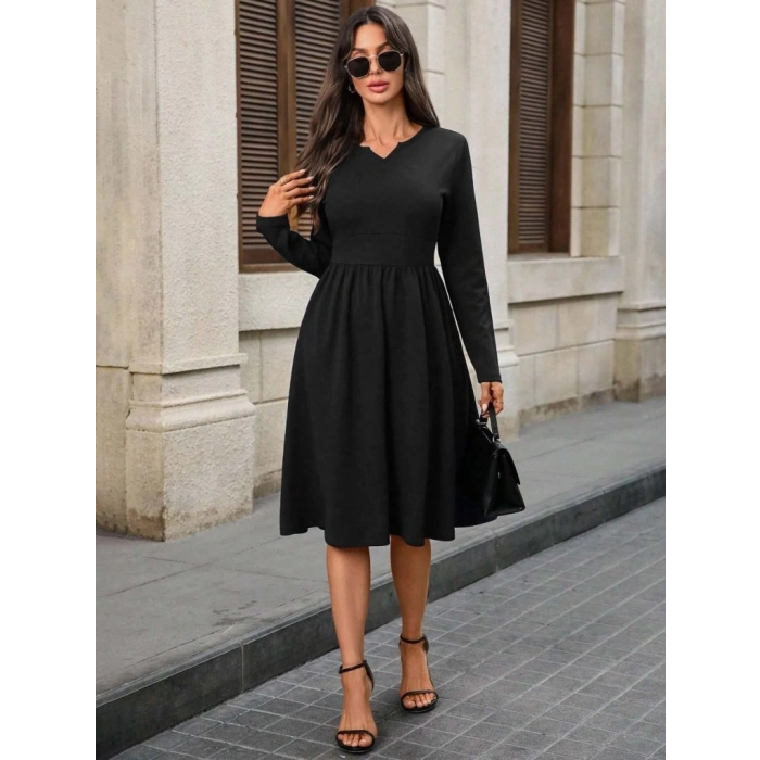 MARSiLYAN- Kadın Uzun Kollu V Yakalı Cepli Midi Ithal Krep Elbise