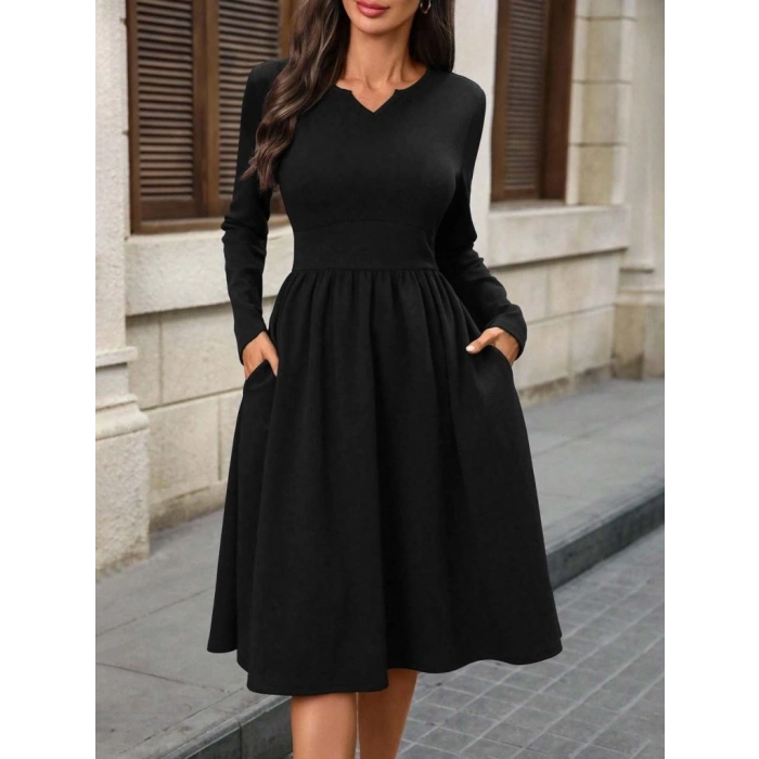 MARSiLYAN- Kadın Uzun Kollu V Yakalı Cepli Midi Ithal Krep Elbise