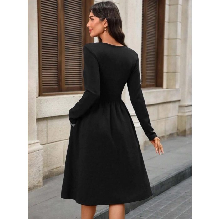 MARSiLYAN- Kadın Uzun Kollu V Yakalı Cepli Midi Ithal Krep Elbise