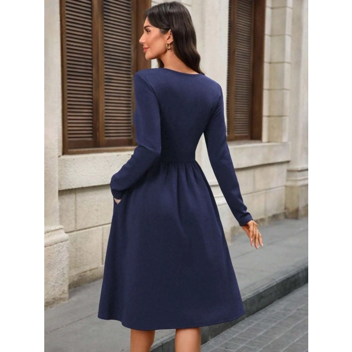 MARSiLYAN- Kadın Uzun Kollu V Yakalı Cepli Midi Ithal Krep Elbise