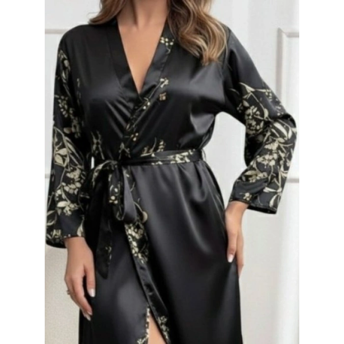 MARSiLYAN- Kadın Uzun Kollu V Yakalı çiçek Baskılı Belden Kuşaklı Midi Saten Gecelik
