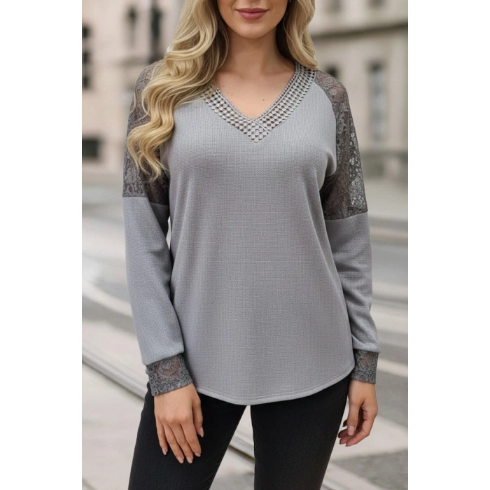 MARSiLYAN- Kadın Uzun Kollu V Yakalı Dantelli Waffle Bluz