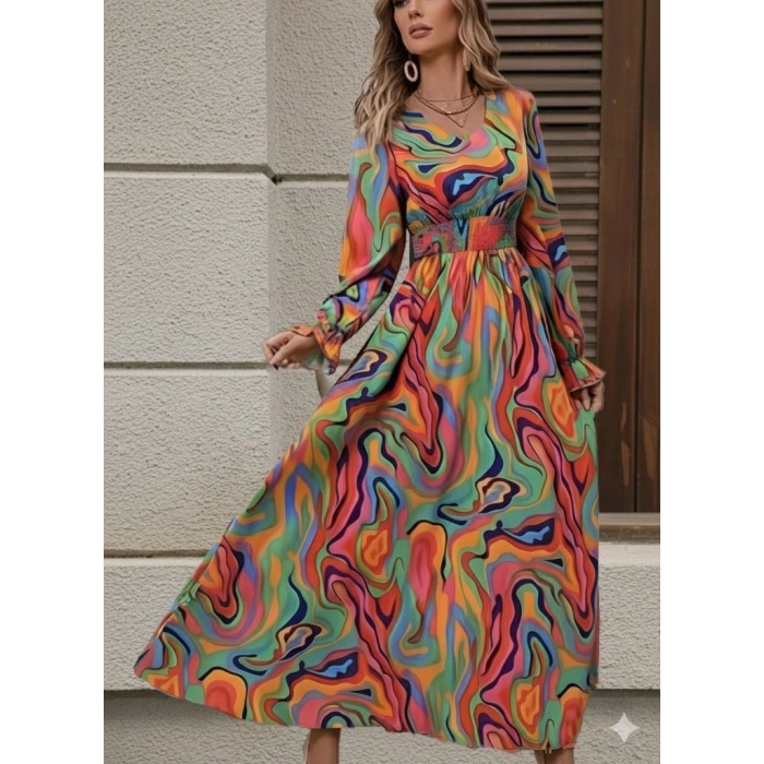 MARSiLYAN- Kadın Uzun Kollu V Yakalı Desenli Maxi Süprem Elbise