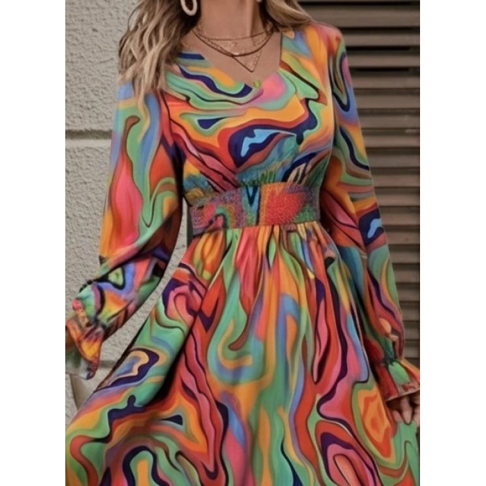 MARSiLYAN- Kadın Uzun Kollu V Yakalı Desenli Maxi Süprem Elbise