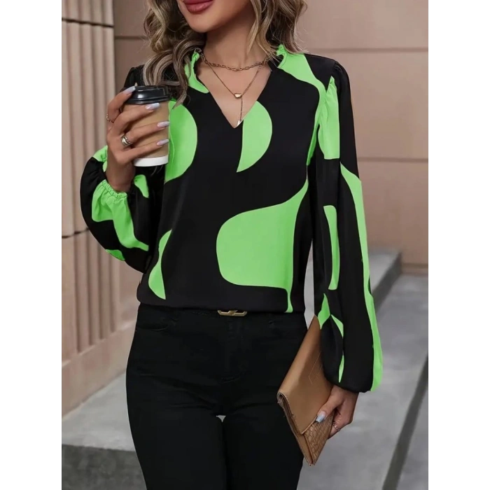 MARSiLYAN- Kadın Uzun Kollu V Yakalı Desenli Modal Bluz