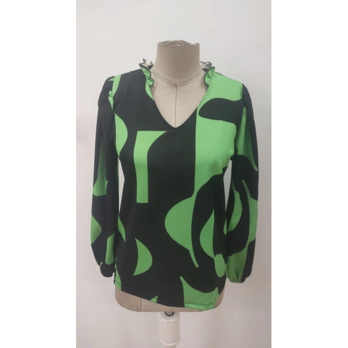 MARSiLYAN- Kadın Uzun Kollu V Yakalı Desenli Modal Bluz