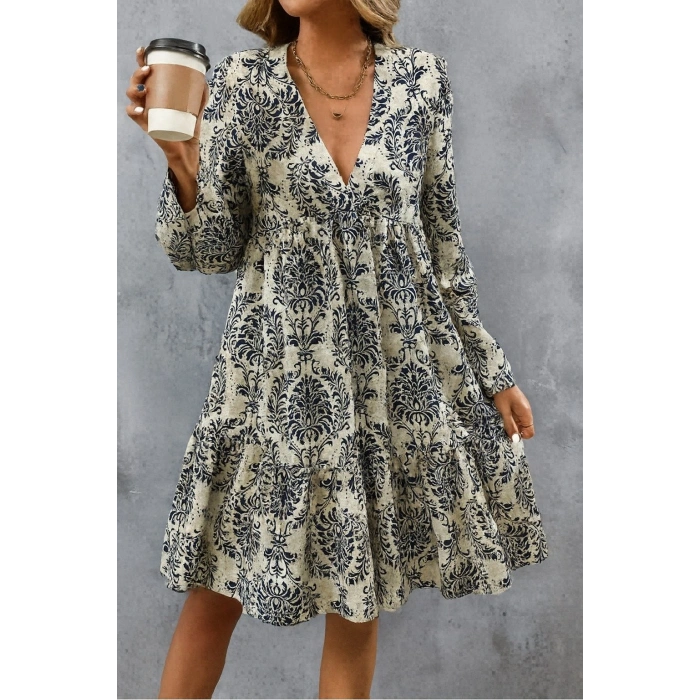 MARSiLYAN- Kadın Uzun Kollu V Yakalı Fırfırlı Mini Süprem Elbise