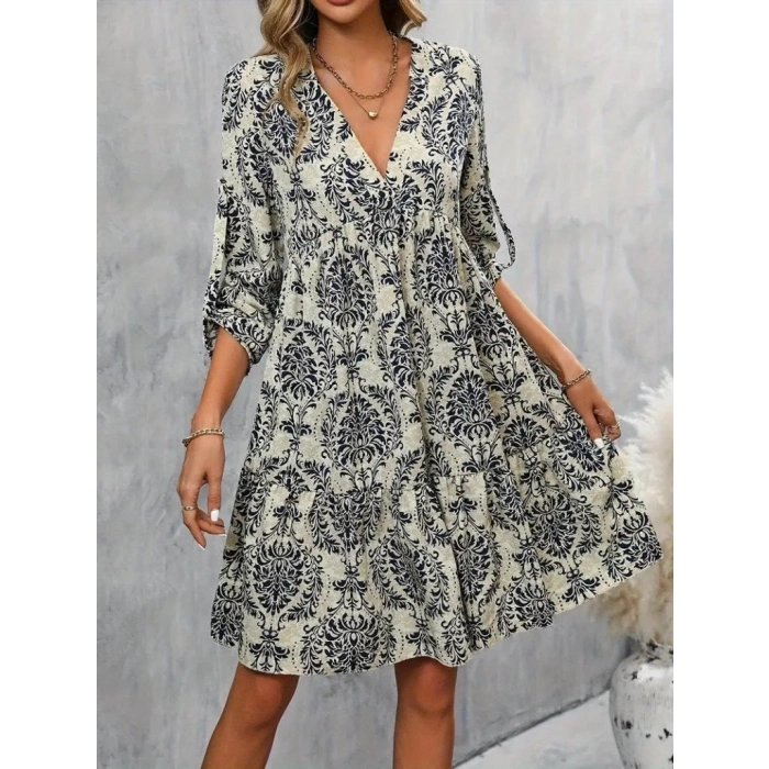 MARSiLYAN- Kadın Uzun Kollu V Yakalı Fırfırlı Mini Süprem Elbise