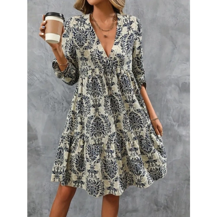 MARSiLYAN- Kadın Uzun Kollu V Yakalı Fırfırlı Mini Süprem Elbise