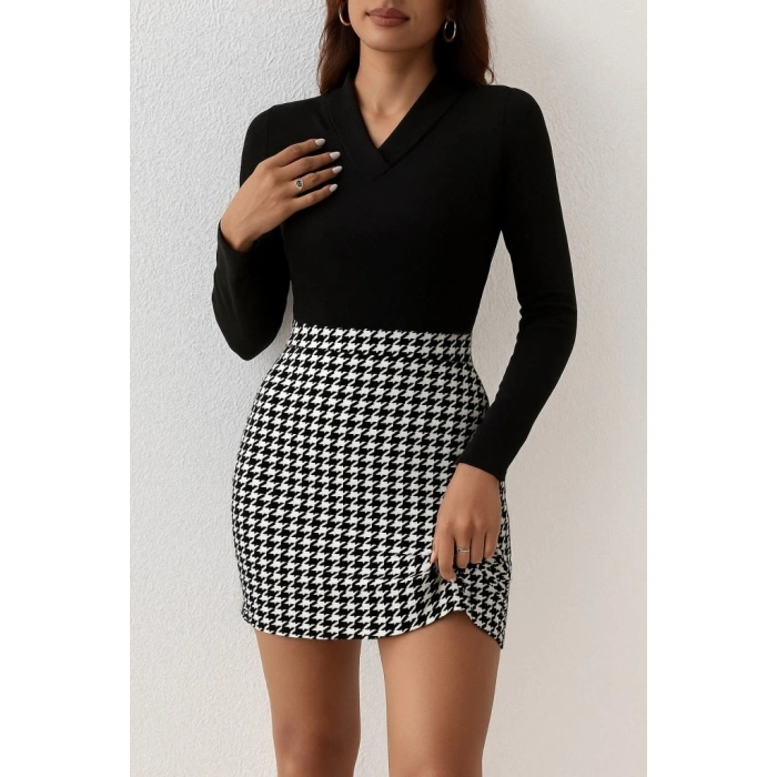 MARSiLYAN- Kadın Uzun Kollu V Yakalı Kaz Ayağı Desenli şardonlu Dalgıç Elbise