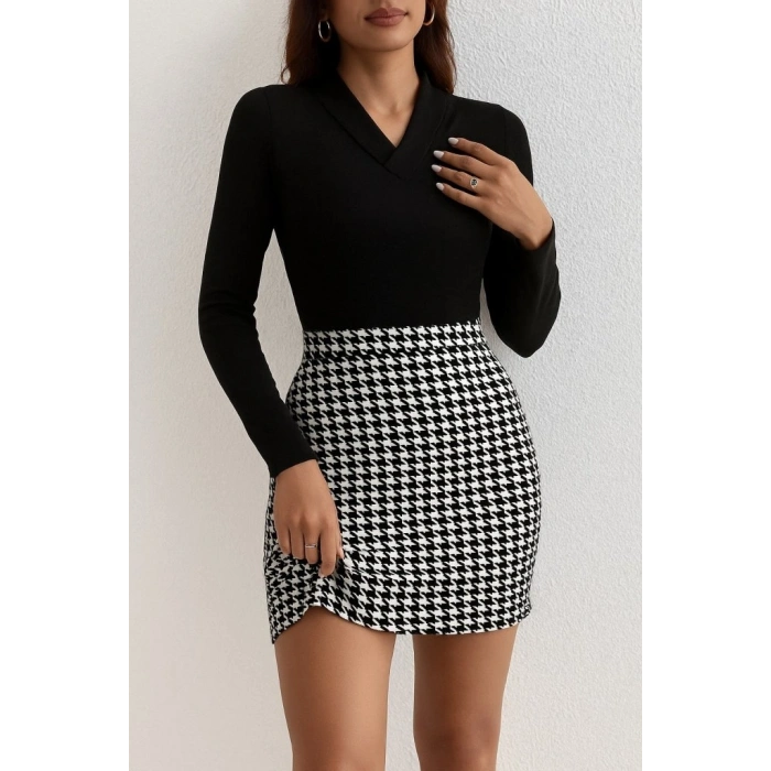 MARSiLYAN- Kadın Uzun Kollu V Yakalı Kaz Ayağı Desenli şardonlu Dalgıç Elbise