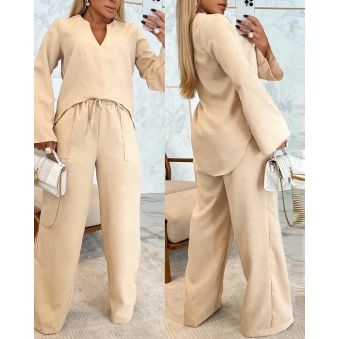MARSiLYAN- Kadın Uzun Kollu V Yakalı Keten Bluz Bağcıklı Pantolon Ikili Takım