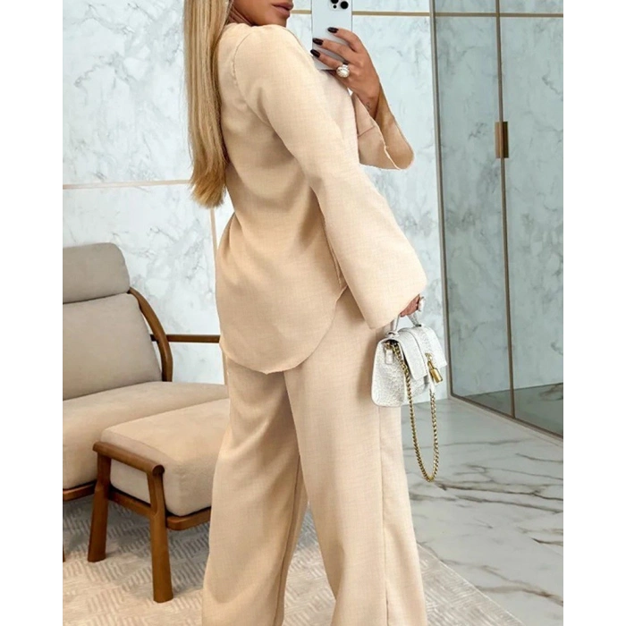 MARSiLYAN- Kadın Uzun Kollu V Yakalı Keten Bluz Bağcıklı Pantolon Ikili Takım