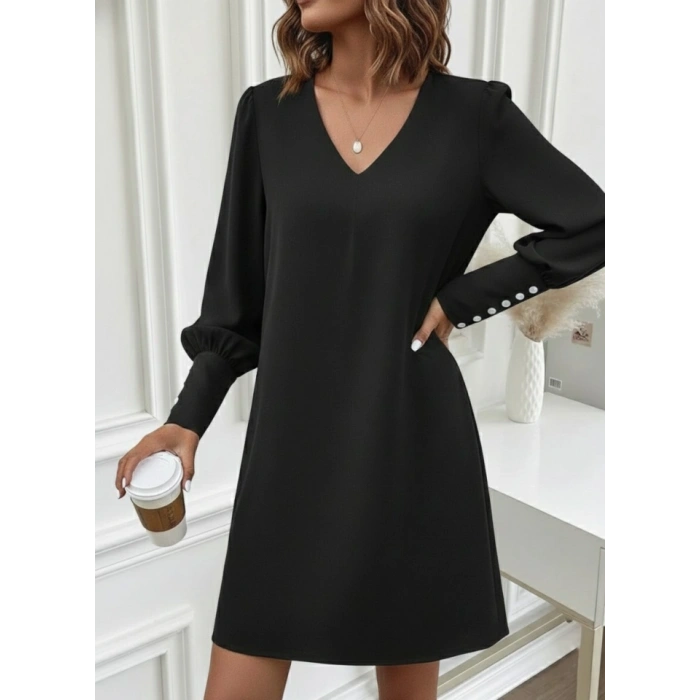 MARSiLYAN- Kadın Uzun Kollu V Yakalı Kısa Ithal Krep Elbise