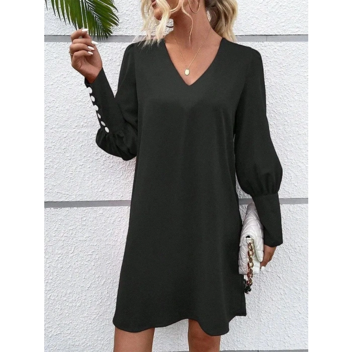 MARSiLYAN- Kadın Uzun Kollu V Yakalı Kısa Ithal Krep Elbise