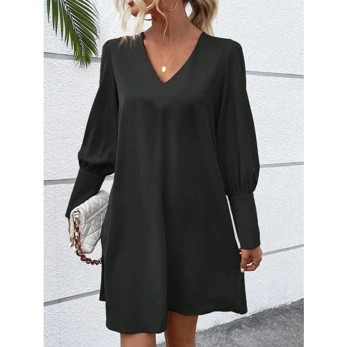 MARSiLYAN- Kadın Uzun Kollu V Yakalı Kısa Ithal Krep Elbise