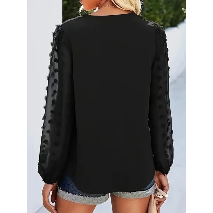 MARSiLYAN- Kadın Uzun Kollu V Yakalı Kolları Popon Detaylı Sandy Bluz