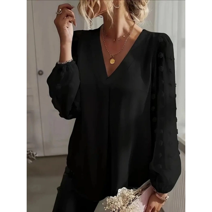MARSiLYAN- Kadın Uzun Kollu V Yakalı Kolları Popon Detaylı Sandy Bluz
