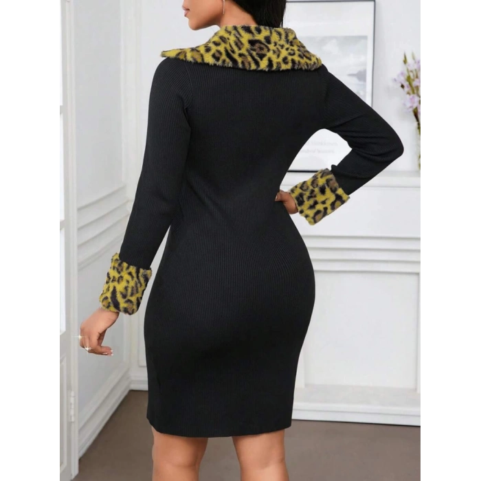 MARSiLYAN- Kadın Uzun Kollu V Yakalı Kürk Detaylı Kaşkorse Elbise