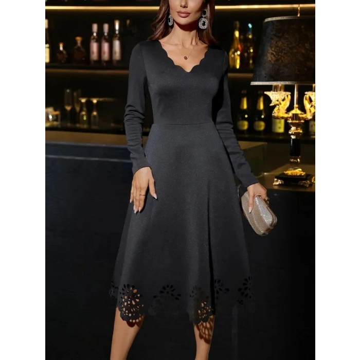 MARSiLYAN- Kadın Uzun Kollu V Yakalı Lazer Kesim Detaylı Midi Ithal Krep Elbise