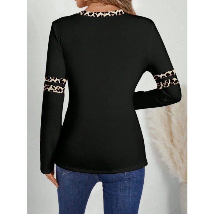 MARSiLYAN- Kadın Uzun Kollu V Yakalı Leopar Desenli Viskon Iki Iplik Bluz