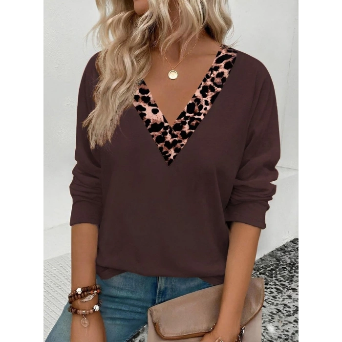 MARSiLYAN- Kadın Uzun Kollu V Yakalı Leopar Detaylı Viskon Iki Iplik Bluz