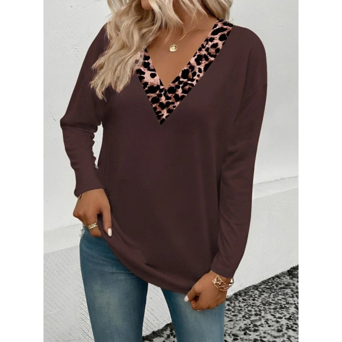 MARSiLYAN- Kadın Uzun Kollu V Yakalı Leopar Detaylı Viskon Iki Iplik Bluz