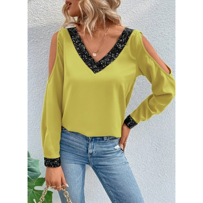 MARSiLYAN- Kadın Uzun Kollu V Yakalı Omuzlardan Açık Sandy Bluz