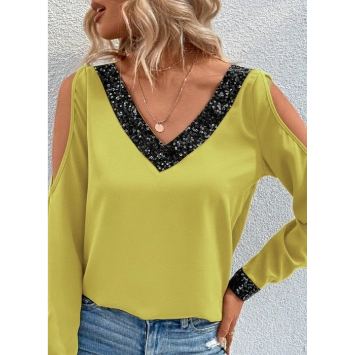 MARSiLYAN- Kadın Uzun Kollu V Yakalı Omuzlardan Açık Sandy Bluz