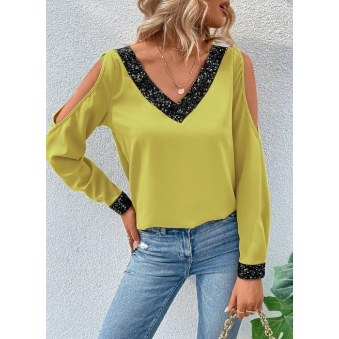 MARSiLYAN- Kadın Uzun Kollu V Yakalı Omuzlardan Açık Sandy Bluz