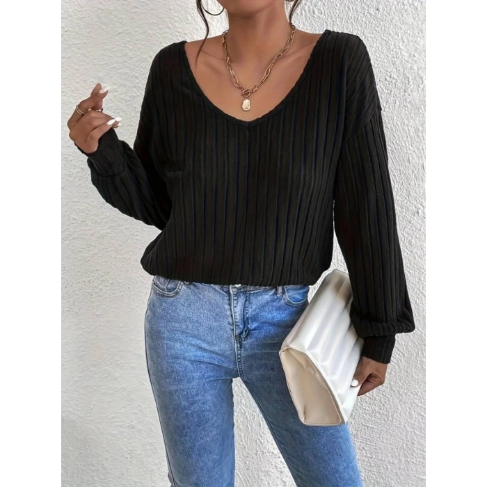 MARSiLYAN- Kadın Uzun Kollu V Yakalı Pencere Sırt Dantel Detaylı Kalın Fitilli Kaşkorse Bluz