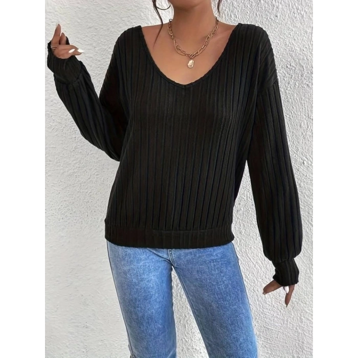 MARSiLYAN- Kadın Uzun Kollu V Yakalı Pencere Sırt Dantel Detaylı Kalın Fitilli Kaşkorse Bluz