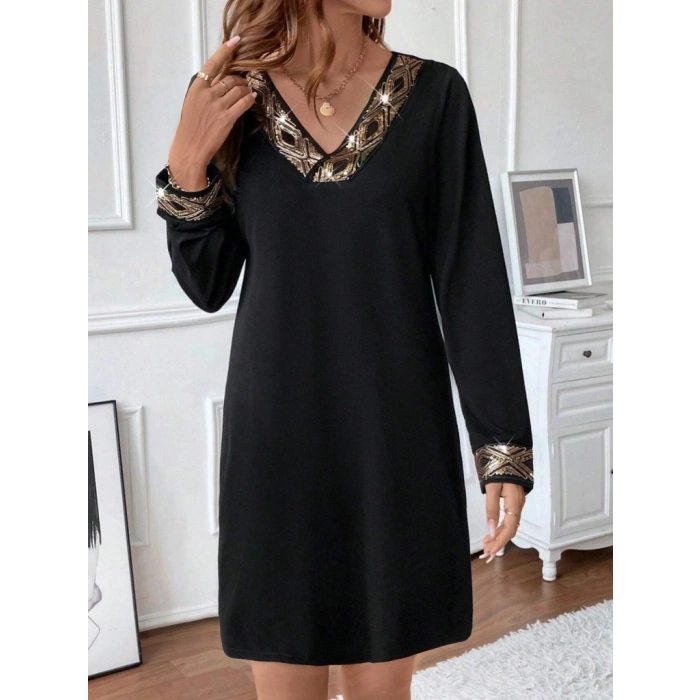 MARSiLYAN- Kadın Uzun Kollu V Yakalı Pulpayet Detaylı Mini Ithal Krep Elbise