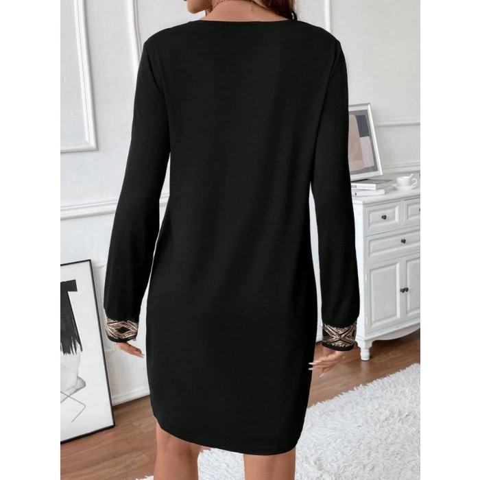 MARSiLYAN- Kadın Uzun Kollu V Yakalı Pulpayet Detaylı Mini Ithal Krep Elbise