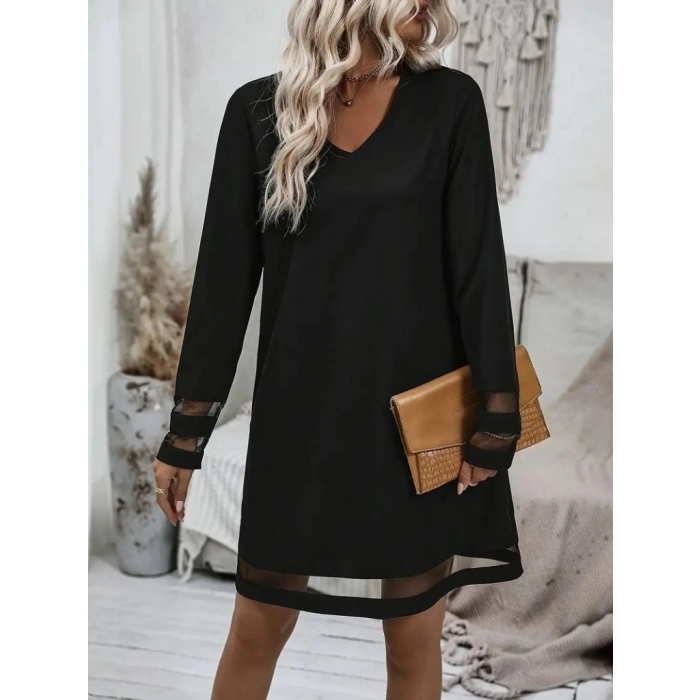 MARSiLYAN- Kadın Uzun Kollu V Yakalı şeritli Tül Detaylı Ithal Krep Elbise