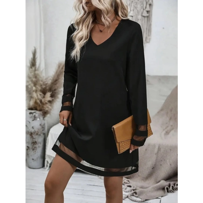 MARSiLYAN- Kadın Uzun Kollu V Yakalı şeritli Tül Detaylı Ithal Krep Elbise