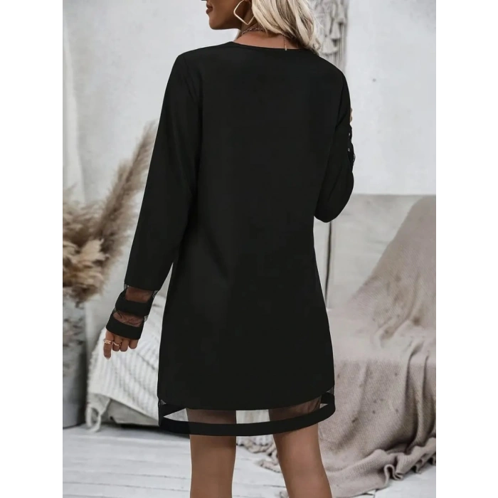 MARSiLYAN- Kadın Uzun Kollu V Yakalı şeritli Tül Detaylı Ithal Krep Elbise