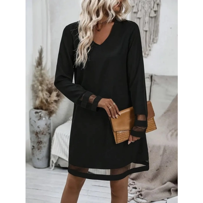 MARSiLYAN- Kadın Uzun Kollu V Yakalı şeritli Tül Detaylı Ithal Krep Elbise