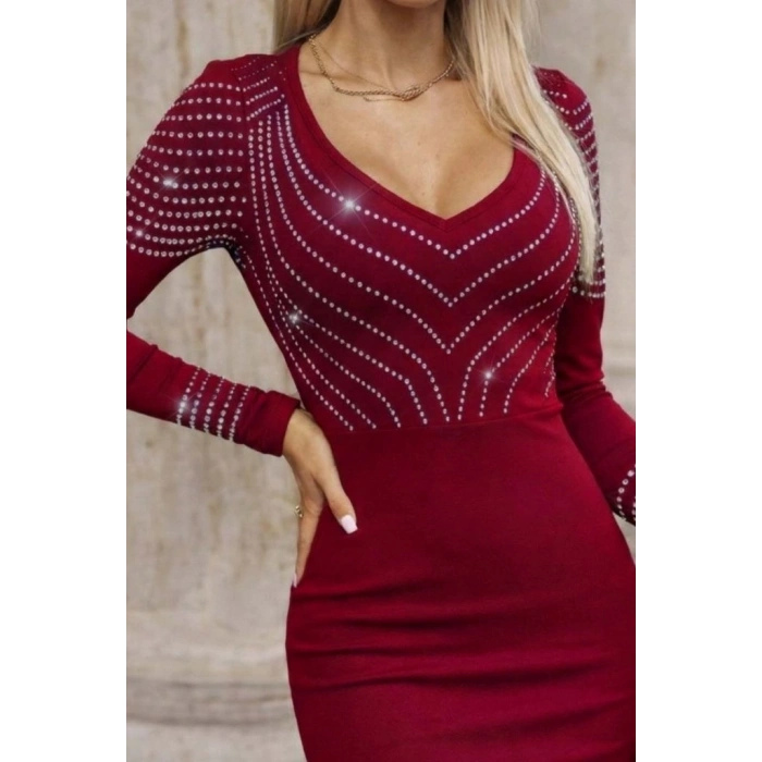 MARSiLYAN- Kadın Uzun Kollu V Yakalı Taşlı Mini Ithal Krep Elbise