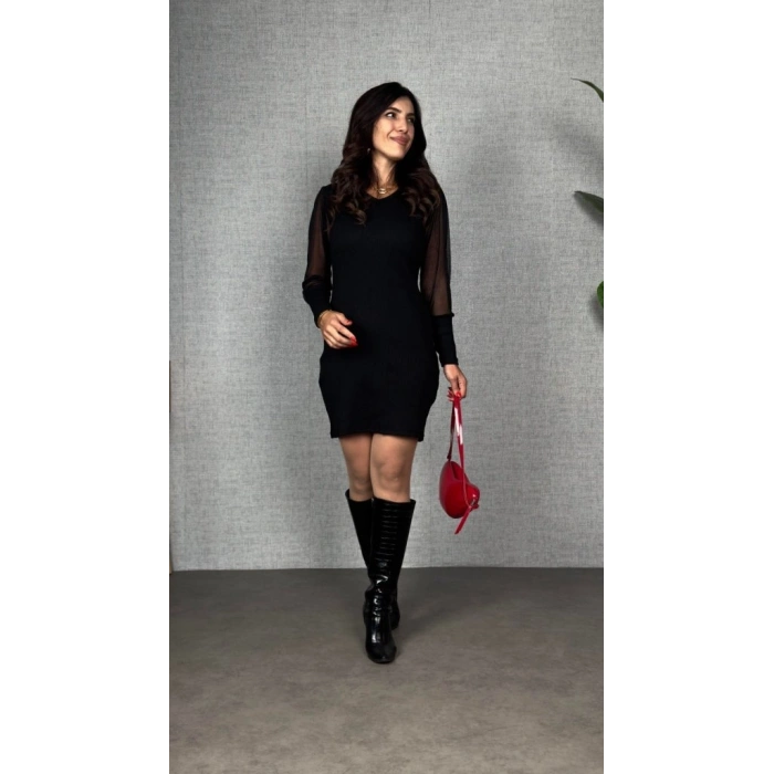 MARSiLYAN- Kadın Uzun Kollu V Yakalı Tül Detaylı Mini Kaşkorse Elbise