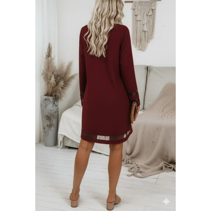 MARSiLYAN- Kadın Uzun Kollu V Yakalı Tül şerit Detaylı Mini Krep Elbise