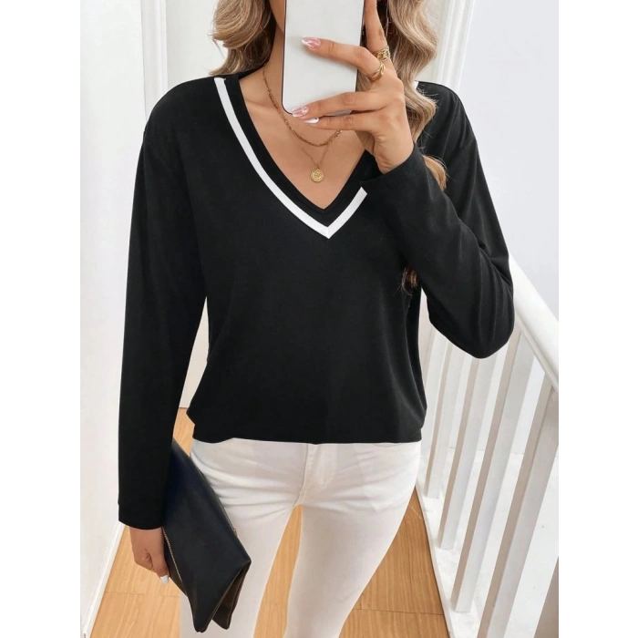 MARSiLYAN- Kadın Uzun Kollu V Yakalı Viskon Iki Iplik Bluz