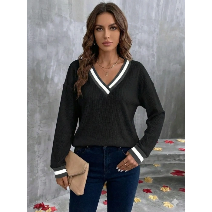MARSiLYAN- Kadın Uzun Kollu V Yakalı Waffle Bluz